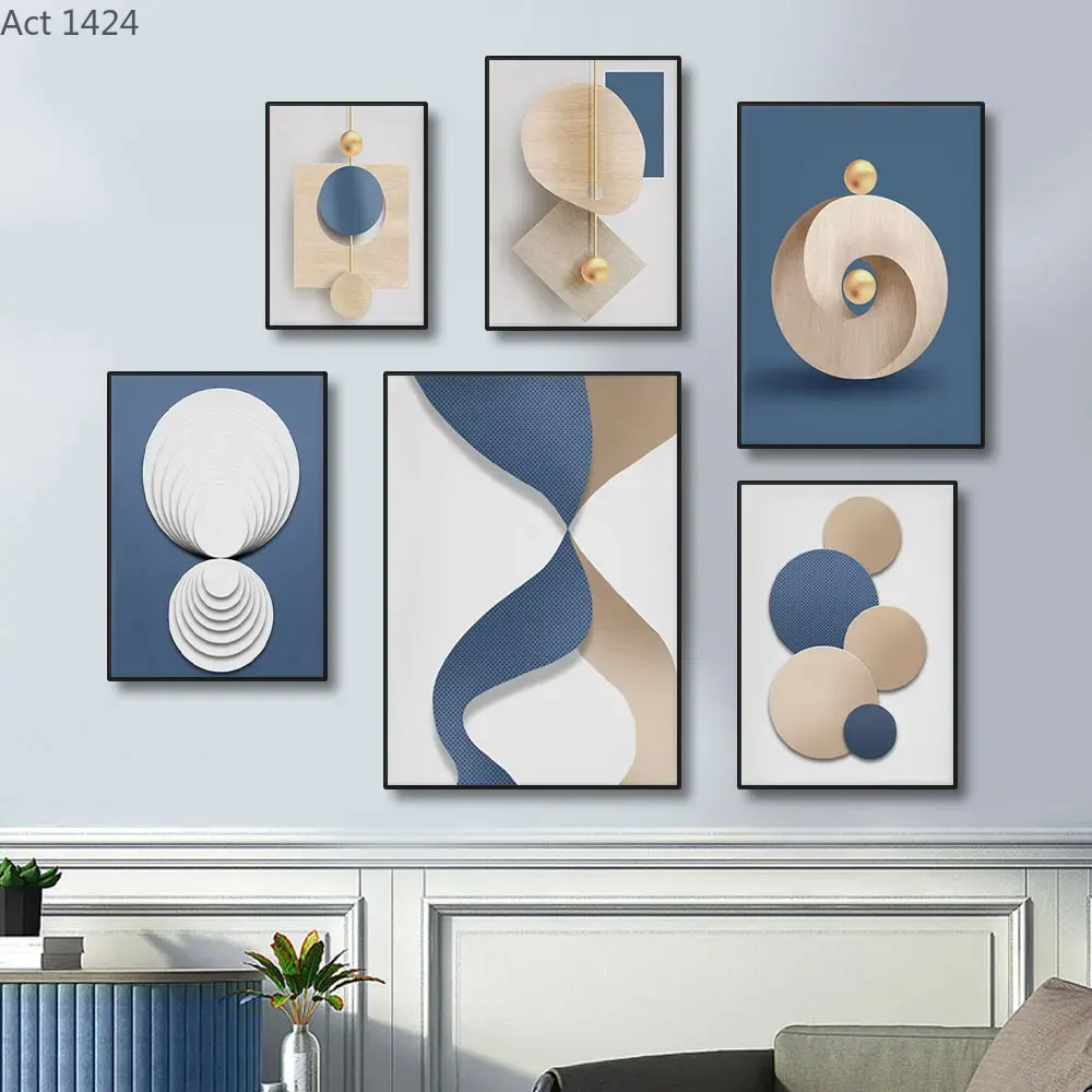 Luxury Lifestyle Pictures - (1 Stück rahmenlos) Abstraktes blau-weißes Luxus-Gold-Wandkunst-Poster,
