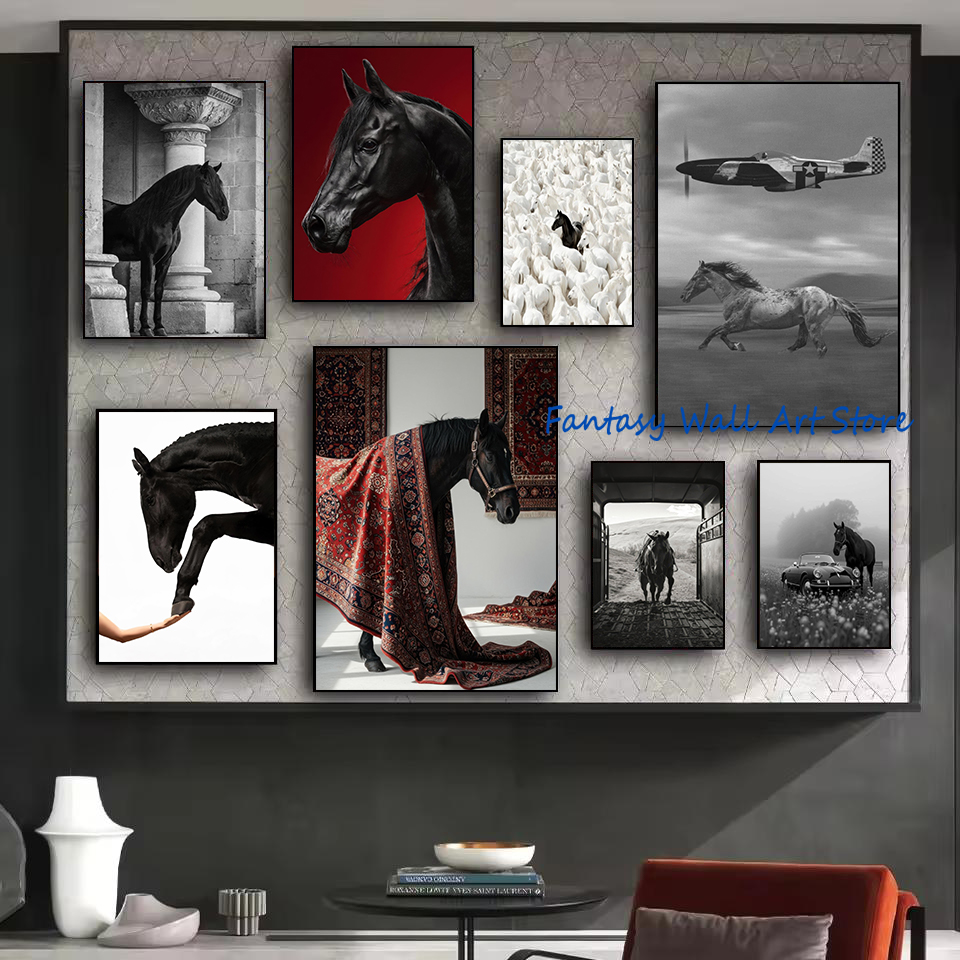 Luxury Lifestyle Pictures - Schwarze Pferdefotos Vintage Luxus Wandkunst Robuste